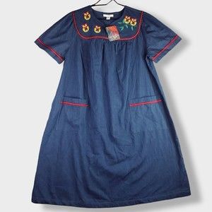 Go Softly Patio Dress Women's M MuuMuu Owls Embroidered Chambray Blue Denim NEW